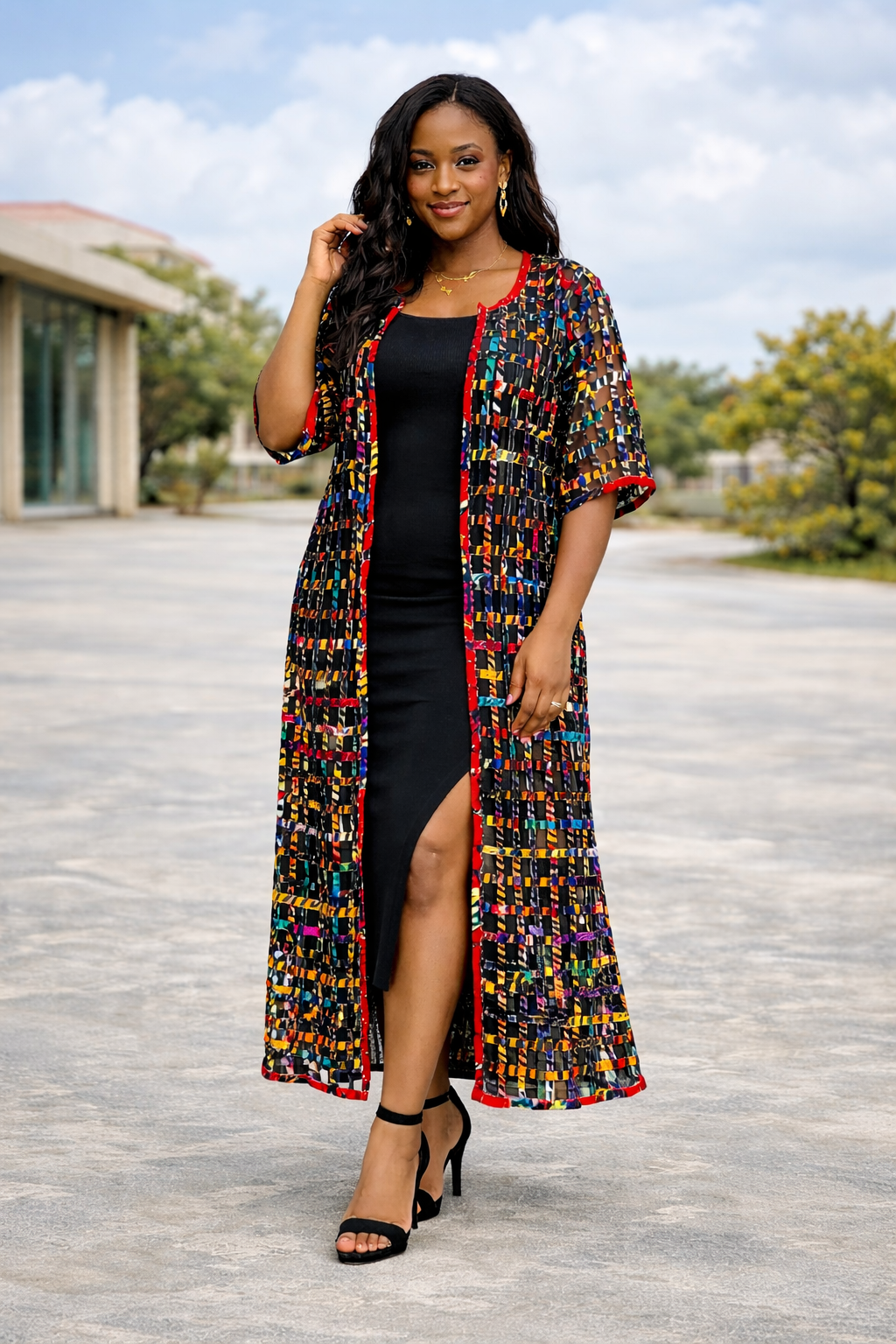 Basket Kimono - Ankle Length African Print Weave